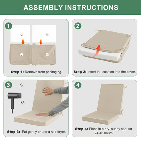 Assembly instructions for Outdoor Dining Chair Cushions 4 Pack High Back Water Resistant Patio Seat Cushions With Ties.