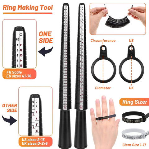 Ring Making Kit With Wire Wrapping Tools and Ring Sizers including mandrels, finger gauge belts, US and UK sizing tools visible.