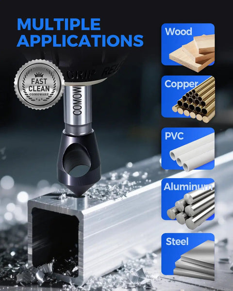 Top Notch M35 High Speed Steel Countersink Bits 1/2 Inch Shank 90 Degree Chamfer Drill Set With TiAIN Coating on aluminum.