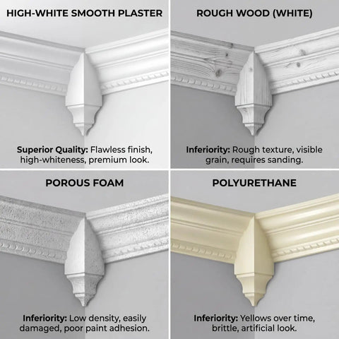 Comparison of crown molding corner blocks: high-white smooth plaster, rough wood, porous foam, polyurethane. 4 Pack Crown Molding Inside Corner Blocks From Real Plaster Gypsum, Ceiling Trim Corners, Factory Primed White, 3.5 W x 3.5 D x 11.25 H, Built To Match Traditional Crown Molding, Way Better Than Foam Or Wood.