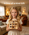 Girl holding 3D Wooden Villa Puzzle Model Kit For Adults, DIY Home Office Decor, Stress Relief And Screen Free Activity
