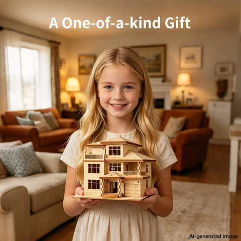 Girl holding 3D Wooden Villa Puzzle Model Kit For Adults, DIY Home Office Decor, Stress Relief And Screen Free Activity