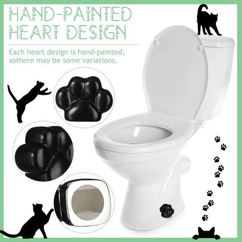 Decorative Paw Print Toilet Bolt Caps Black 2 Pack Cute Bathroom Screw Covers Sleek Matte Finish on a white toilet.