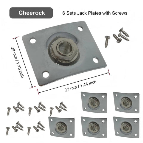 Top Tier Six Piece Square Output Jack Plates For Electric Guitar And Bass Setup Quarter Inch Mono Jack Hardware Silver Finish Solid Metal Replacement Parts with screws.