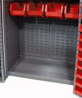 Inside view of Super Heavy Duty Steel Workshop Storage Cabinet Featuring 68 Red Plastic Bin Trays and adjustable shelving.