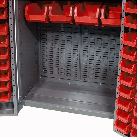 Level Up Your Shop Setup With This Heavy Duty Storage Cabinet Featuring Full Swing Roll Back Doors And 72 Bright Red Plastic Bins showing interior view with red bins and gray frame.