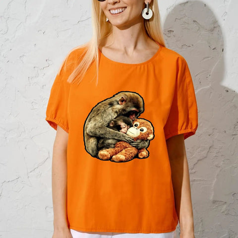 Woman wearing t-shirt with Monkey And Mother Animal Lover DTF Transfers Set 6 Pack design, 7x7 inch heat transfer sticker