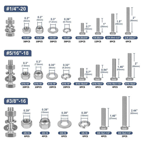 Heavy-Duty 288Pcs Hex Bolts And Nuts Assortment Kit in 304 Stainless Steel with 1/4-20 5/16-18 3/8-16 Sizes Includes Lock Nuts and Washers for Automotive Repair and Home Projects That Are Hella Tough and Built to Last showing sizes and quantities.