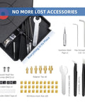 Front view of vertical heat-set insert tool kit with 90W iron, M2–M8 tips, 30 brass threaded inserts for 3D prints