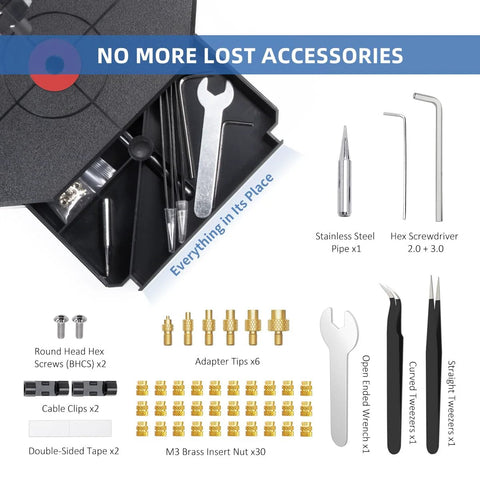 Front view of vertical heat-set insert tool kit with 90W iron, M2–M8 tips, 30 brass threaded inserts for 3D prints