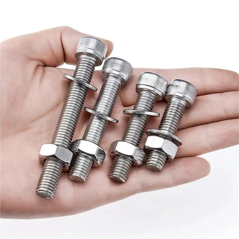 Heavy Duty Stainless Steel Bolt Nut Washer Kit With M5 M6 M8 M10 Socket Cap Screws, 365 Piece All In One Assortment For Auto Repairs, Home Improvement, Furniture Projects And DIY Gear, shown in hand