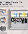 16 Key Wall Mounted Lock Box With Three Digit Combination Lock And Backup Key, showing keys and tags inside organized compartments
