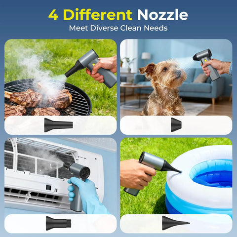 Powerful 130000 RPM Turbo Brushless Air Duster with Aluminum Alloy Body and Fast Charging for Cars Computers Keyboards Outdoors and Home Cleaning A Kickin Dust Blower for Quick Debris Removal shown with four different nozzles for versatile cleaning.