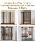 Extra Wide Adjustable Dog Gate For Doorways Built Tough Metal Pet Barrier features self-closing design in various home setups.