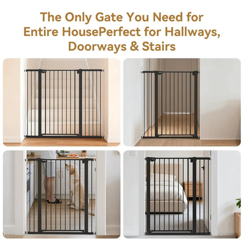 Extra Wide Adjustable Dog Gate For Doorways Built Tough Metal Pet Barrier features self-closing design in various home setups.
