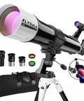 High Powered 80mm 900mm Refractor Telescope For Adults With 36-270x Magnification, FMC Optics, AZ Mount, Tripod, Carrying Bag And Phone Adapter Perfect For Beginners And Casual Stargazers displayed with accessories.