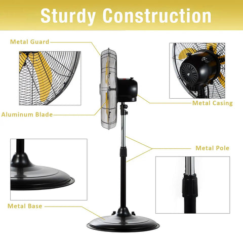 Heavy Duty 20 Inch Pedestal Fan Delivers 5000 CFM High Velocity Air With One Fifth HP Motor Oscillating Stand Fan metal components diagram
