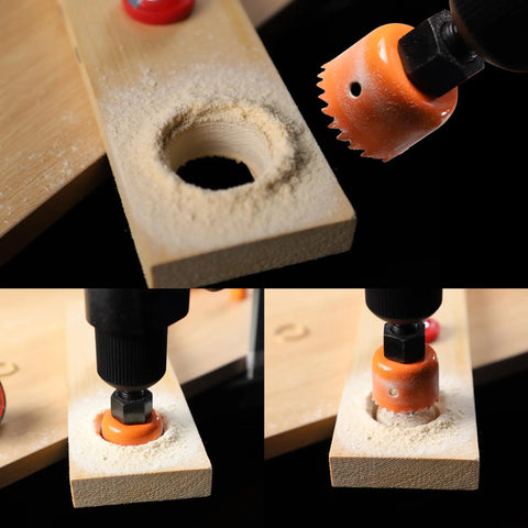 Effortless Hole Saw Kit with nine sizes from three quarter inch to three inch 19 to 76 mm cutting wood surface with orange saw blade.