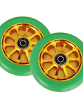Beast Mode Speed Inline Skate Wheels 100mm and 110mm Set of 2, high density polyurethane, 608RS bearings, green finish, close-up view.