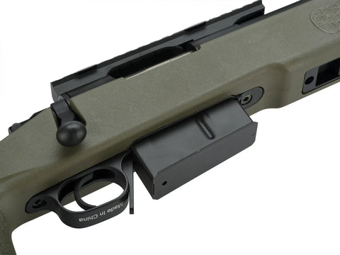 Close-up of 6mmProShop PDI Custom Upgraded USMC M40A5 Cycling Action Airsoft Rifle OD Green Gun Only No Optics Or Battery Included