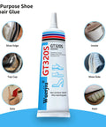 Heavy Duty Waterproof Shoe Glue For Sole Repair 60g Clear Adhesive tube showing areas of use on footwear including sole and heel.