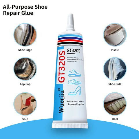 Heavy Duty Waterproof Shoe Glue For Sole Repair 60g Clear Adhesive tube showing areas of use on footwear including sole and heel.