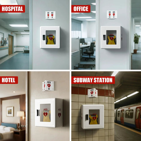 AED cabinet wall-mount, white steel with front window and magnetic door; embedded handle.
Side-angle view of white steel wall-mounted AED cabinet with window and latch.
Hotel corridor wall-mounted AED cabinet, white steel with clear front window.
Subway station wall-mounted AED cabinet with window and magnetic door.