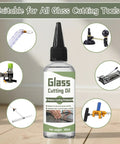 100ml bottle of All Glass Cutting Tools Oil For Smooth Cuts And Long Tool Life, next to various glass cutting tools.