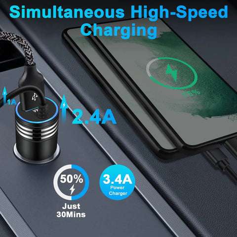 Blazing Fast USB C Car Charger Adapter With 3.4A Output plugged into a vehicle charging socket with charging phone.