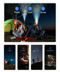 Campers using Massive 49800mAh Solar Power Bank With Wireless Charging, 15W QC3.0 Fast Charge with flashlights in camping setup.