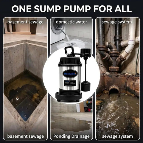 Heavy Duty Submersible Sump Pump With Three Quarter Horsepower Motor Kicks Standing Water To The Curb At 3800 GPH And 30 Foot Head to manage basement sewage and drainage.