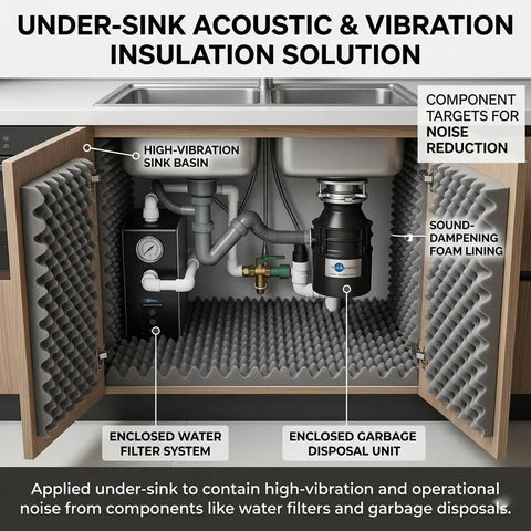 High Density Soundproof Foam Panels With Hella Strong Self Adhesive Backing For Zero Drama Home Studio Acoustic Dampening Treatment Tiles Full Surface Matte Black under-sink installation for noise reduction.