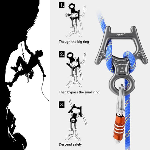 Illustration of a climber using Beefy 30kN Figure 8 Descender Made From 7075 Aluminum for belaying on a rope with visual steps.
