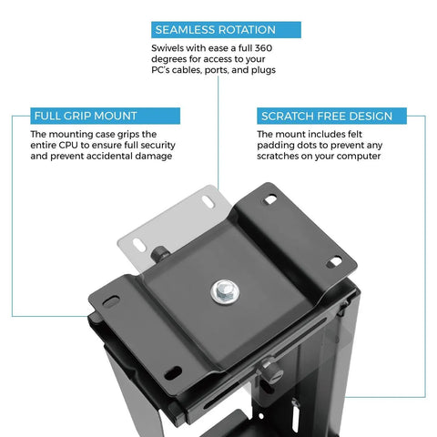 Upgrade Your Workspace Vibes With This Rock Solid Adjustable Under Desk Computer Mount And Wall Bracket That Keeps Your CPU Tower Off The Floor For A Totally Clean Setup Plus Broad Compatibility. Image showing 360-degree rotation feature and scratch-free design with padding.