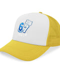 Yellow I Was Six Now Seven Vintage Dope Style Mens Trucker Hat with white front panel featuring blue graphic text.