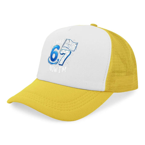 Yellow I Was Six Now Seven Vintage Dope Style Mens Trucker Hat with white front panel featuring blue graphic text.