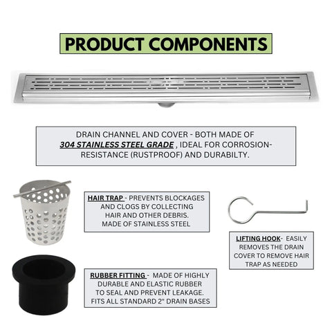 Top Shelf Heavy Duty SS304 Stainless Steel Linear Shower Drain With Integrated Hair Trap Anti Clog Catcher Rust Proof Corrosion Resistant Construction Perfect For Modern Bathroom Upgrades Sleek Design 59 Inch Span For Pro Results product components including drain channel, hair trap, rubber fitting, and lifting hook.