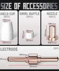 Diagram showing sizes of components in Plasma Cutting Consumables Kit For PT31, including shield cup, swirl baffle, nozzle, electrode.