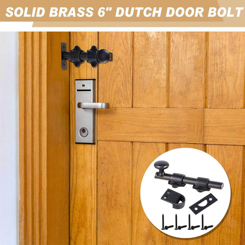2 Pack 6 Inch Heavy Duty Solid Brass Dutch Door Bolt Slide Latch Door Hardware Locks Bronze Finish Attic Latch for Dutch Sliding Barn Doors Ideal For Barn Doors, Attic Access, And Safe Privacy In Homes And Workshops, shown installed on wooden door