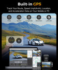 Display of Ultra Clear 4K Triple Channel Dash Cam Front Rear And Inside View, 3 Inch IPS Screen showing GPS tracking on laptop and smartphone.