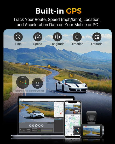 Display of Ultra Clear 4K Triple Channel Dash Cam Front Rear And Inside View, 3 Inch IPS Screen showing GPS tracking on laptop and smartphone.