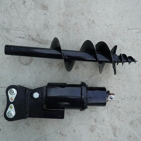 Post Hole Digger Auger Drill Attachment For Mini Excavator 0.8 To 1.5 Ton, 200 To 300 mm Diameter shown with auger bit and hydraulic motor