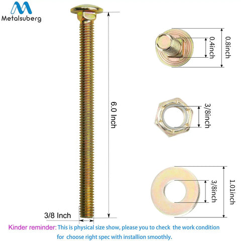 Three Eighths Inch By Six Inch Carriage Bolts With Square Neck And Nylon Lock Nuts, Large Washer Assortment Kit diagram