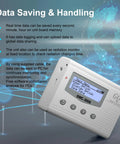 Front-angle view of a white GMC-300S Geiger counter with LCD display, control buttons, and GQ logo.