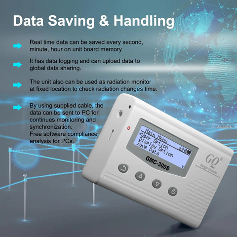 Front-angle view of a white GMC-300S Geiger counter with LCD display, control buttons, and GQ logo.