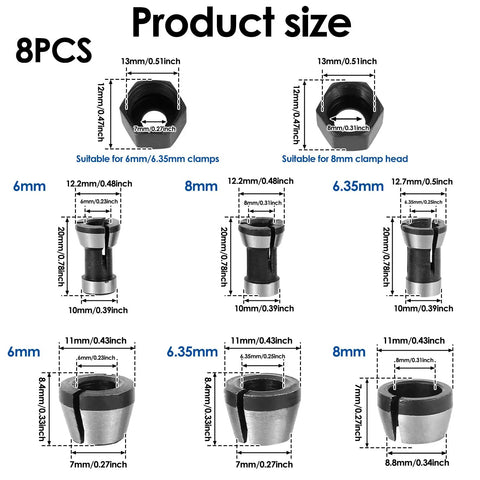 Eight Piece Router Collet Chuck Set With Pro Grade High Precision Trimmer Adapters In 6mm 6.35mm And 8mm Carbon Steel Includes Two Nuts