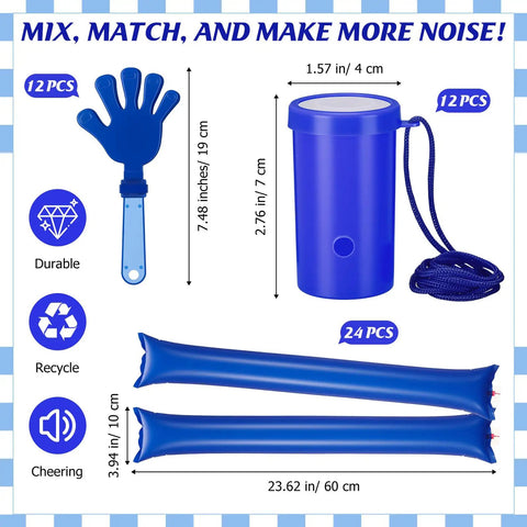 Cheering Noisemakers Set With 12 Mini Air Horns, 12 Hand Clappers, And 24 Thunder Sticks Blue For Birthdays, Sports Events, And Celebrations
