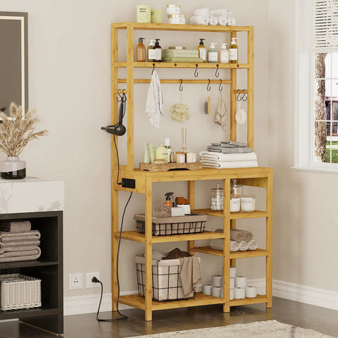 Bakers Rack With Power Outlets And Eight Tier Microwave Stand Bamboo Kitchen Storage Shelf With Ten S Shaped Hooks, 65 Inches Tall