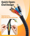 No Fuss Chew Proof Wire Loom, 10 Foot Expandable Cable Sleeve Protector shows quick open-end design for easy wire access.