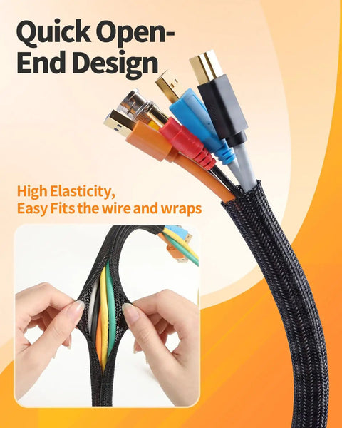 No Fuss Chew Proof Wire Loom, 10 Foot Expandable Cable Sleeve Protector shows quick open-end design for easy wire access.